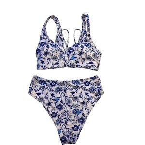 Owica Blue White Floral High Waisted Bikini Set Lace Up Back Swimsuit Small